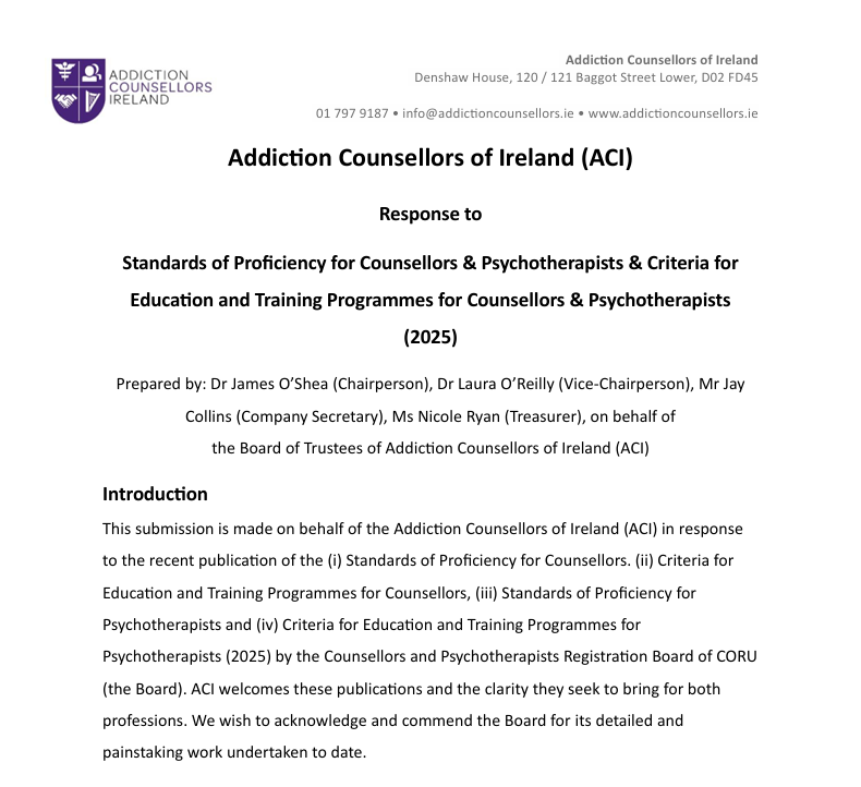 AICs response to CORU Standards of Proficiency for Counsellors & Psychotherapists & Criteria for Education and Training Programmes for Counsellors & Psychotherapists (2025)